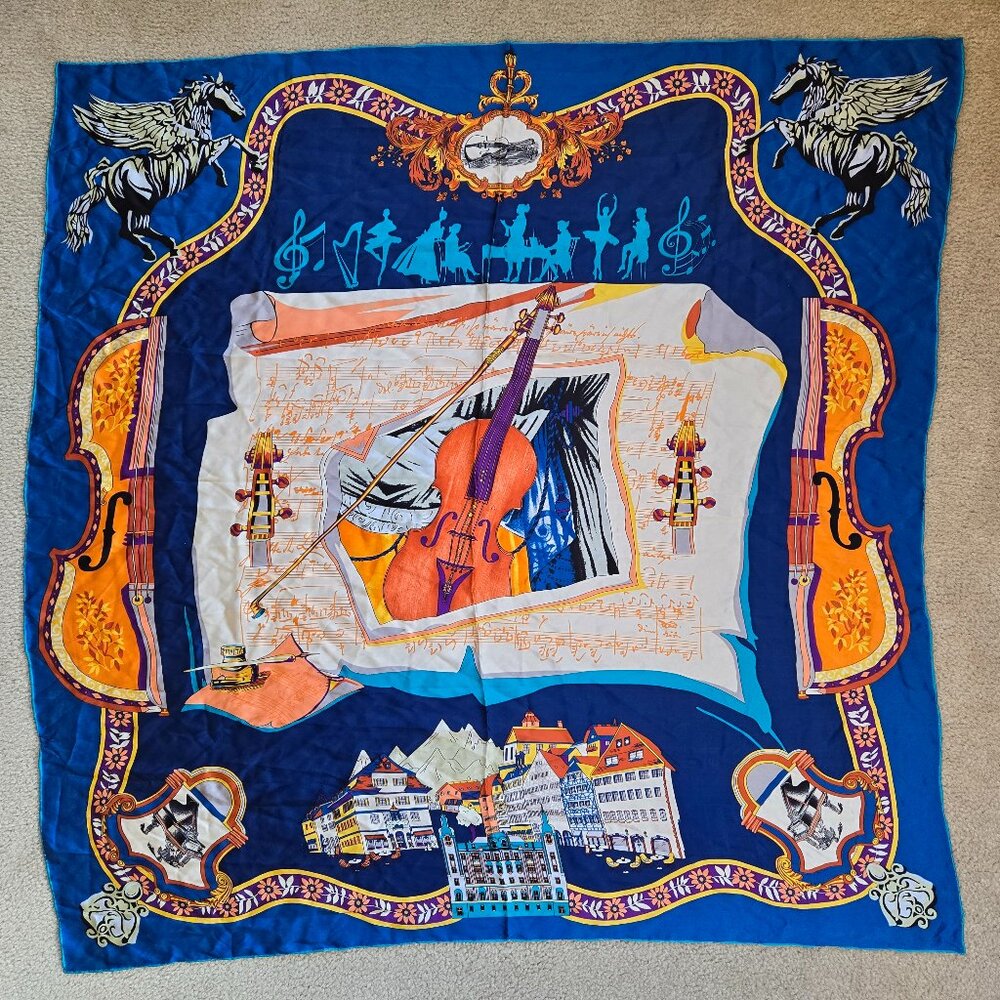Silk Scarf Violin Classical Music Hand Rolled - Picture 1 of 11